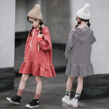 Nový 2020 Dívky Podzimní Oblečení Děti Šaty pro Dívky Děti Mikiny Šaty Stripe Ležérní Bavlněné Batole Mikiny, Šaty,#5366