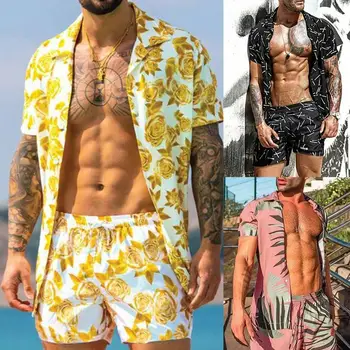 Muži Oblečení Šortky Rukáv Květinové Tisk Hawaii Single-breasted Tričko T-shirt Stahovací Šortky Set pro Letní