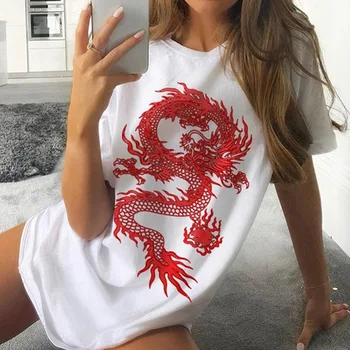 Dámská T-shirt Harajuku T Shirt Čínský Drak Tisk T-Košile, Letní Streetwear Horní Ženy T-shirt Žena Tričko Oblečení