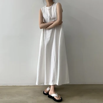 Letní Šaty Ženy Bez Rukávů Černé Bílé Pevné Volné Dlouhé Šaty Ženy Elegantní Korejské Ulici Harujuku Vestidos Oblečení