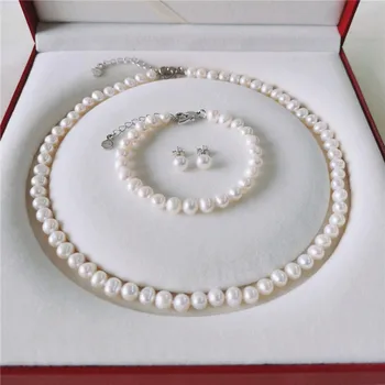 DMSFP198 Sladkovodní Pearl Set 6-7mm Přírodní Vlákno Pearl Šperky Blízkosti Kolo Pearl Šperky Sady Pro Ženy, Dárek