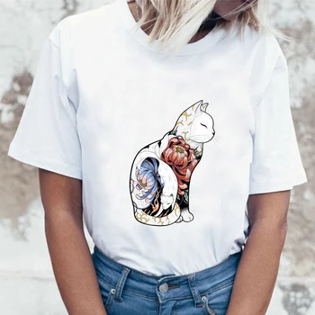 Květinový Vzor Kočka Tisk Ženy T Košile O-krk Hiphop Fashion Dámské Krátké kalhoty Sleeve Tričko Ženy Samotné Japonsko Harajuku Styl Trička