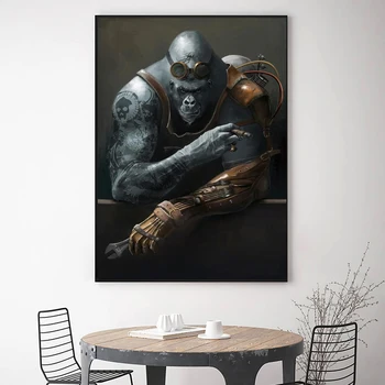 Legrační Zvíře Akvarel Tetování Gorila Opice Portrét Plátno Tisk na Plakáty a Tisky Umění Nástěnné Obrázky pro Obývací Pokoj