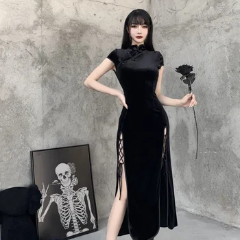 Dámské Černé Obvaz Štěrbinou Lem Bodycon Šaty, Sexy Večerní Šaty Cheongsam Goth Vintage Qipao