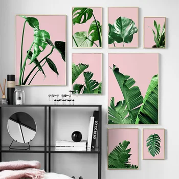 Zelená Růžová Tropické Rostliny Listy Wall Art Malířské Plátno Nordic Plakáty A Tisky Zeď Obrázky Pro Obývací Pokoj Club Dekor