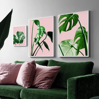 Zelená Růžová Tropické Rostliny Listy Wall Art Malířské Plátno Nordic Plakáty A Tisky Zeď Obrázky Pro Obývací Pokoj Club Dekor