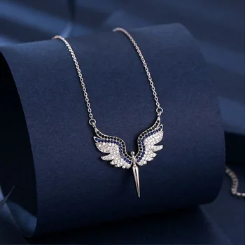 925 Stříbrné Šperky Dlouhý Náhrdelník pro Ženy Andělská Křídla Zářící Zirkon Žena Klíční kost Řetěz Svatební Náhrdelník Svatební Šperky