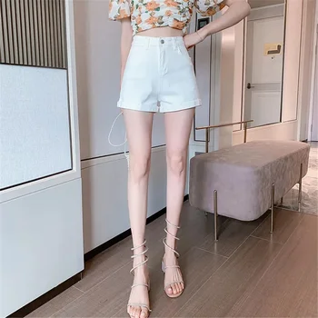 Vysoký Pasu Srolovat Nohu Džínové Šortky Letní Korejský Styl Módní Ležérní Ženy Bílý Booty Džíny Šortky 2021 Divoká Základní Oblečení