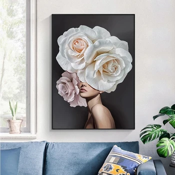 Nordic Styl Růžová Bílá Květina Lady Plátno Obraz Abstraktní Žena, Plakáty a Tisk Wall Art Obraz pro Obývací Pokoj Domácí Dekor