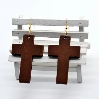 Přírodní Dřevěný Kříž Náušnice pro Ženy Módní Víru Šperky Velkoobchod