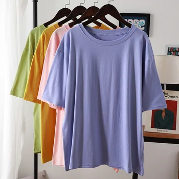Genayooa Bavlněné Tričko Ženy Topy 2021 Létě Plná Nadrozměrné T-shirt Plus Velikosti Volné Tričko Femme Korean Harajuku