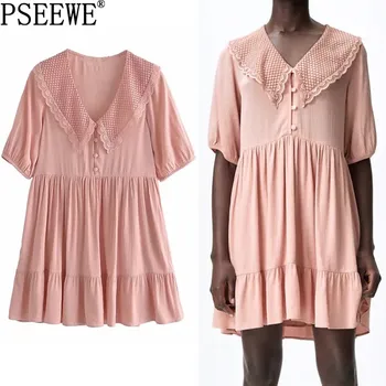 PSEEWE Za 2021 Růžové Letní Šaty Ženy Vyšívané Krátké Ženy Šaty Krátké Puff Sleeve Prohrábnout Ruched Mini Ležérní Šaty