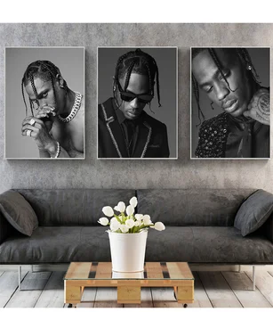 Černá a Bílá Travis Scott Plátno Umění Plakátu Slavný Americký Rapper Otisky, Malba, Umění Zdi Obraz pro Obývací Boy Room Decor