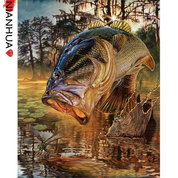 Diamond Mozaika Obraz 5D DIY Kapr Skákající Dragon Gate Rybaření Zvířat Mural Art Náměstí Kolo Foto Výšivky Nastavit Dárek Domů