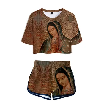 Our Lady Of Guadalupe Panny Marie Katolické Mexiko 3D Dívky Rosného pupku Dva Dílná Sada Sexy Krátký Rukáv Crop T-košile+Šortky
