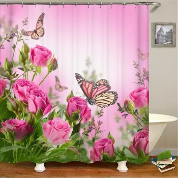 Nový Motýl Koupelna Sprchový Závěs Sada Flower Pink Rose Koupelna Opona Wc Sedátko Kryt Koberce Non-slip Vana Mat Domova