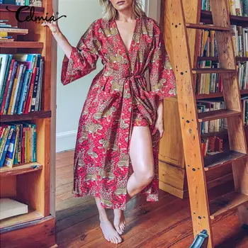 Ženy Kimono Pyžamo, Župan 2021 Celmia Zvíře Tisk Dlouhý šaty 3/4 Rukáv Noční košile Lounge Nosit Obvaz Svetr Plus Velikosti 5XL