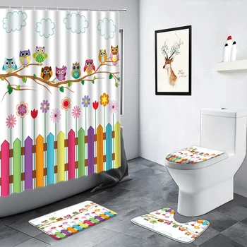 Vtipné Kreslené Zvířata, Sova, Velryba, Slon Děti Sprchový Závěs Kreativní Děti Koupelna Dekor Non-slip Koberec, Toaleta koupelnové Předložky Sety