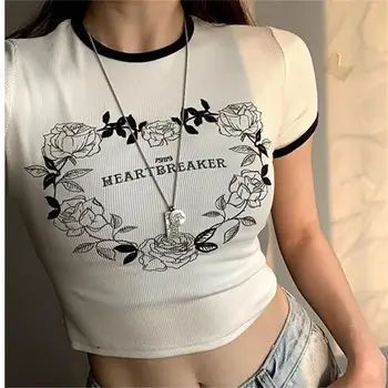 Sexy Hot Girl Styl Letní pletení Nový korejský Krátkým Rukávem T-shirt Ženy Vysokým Pasem Slim Tee Krátké Studentské Dámské Topy Y2k