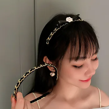 VSnow korejský Módní Camellia Černé Bowknot Kůže Řetězce Čelenky pro Ženy Unikátní Design Vlasové Doplňky, Šperky Dovolenou