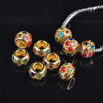 5ks Zlatý Pokovené Kulaté Kovové A Kamínky Evropské Půvaby Velká Díra Volné Korálky pro Náramek Výrobu Šperků