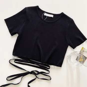 Letní Nové Vysoké Pasu Krátký Řez Pupeční Popruh Design Krátké SleeveT-Shirt Kolem Krku Korean Pletený Svetr Tenký Top S Krátkým Rukávem