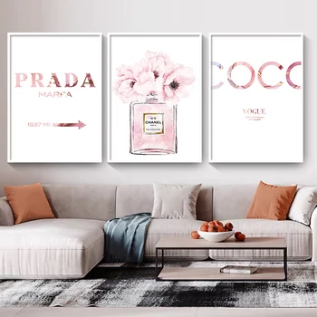 Pink Coco Růžové Květinové Parfémy Láhev Vytisknout Plakát, Plátno, Malba, Znak, Linie Umění Zdi Obraz Pro Obývací Pokoj Domácí Dekor