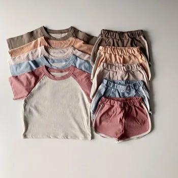 Děti Oblek 2021 Letní Nového Jednoduché jednobarevné Volný Kontrast Bavlna Krátký Rukáv Chlapci a Dívky korejské Šortky Dva Dílná Sada