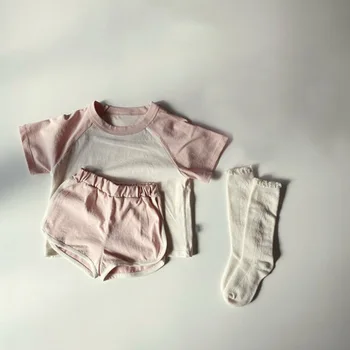Děti Oblek 2021 Letní Nového Jednoduché jednobarevné Volný Kontrast Bavlna Krátký Rukáv Chlapci a Dívky korejské Šortky Dva Dílná Sada