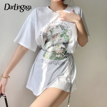 Darlingaga Harajuku Casual Animal Print Bílá Nadrozměrné T-shirt Roztomilý Letní Topy Graphic Tee korejský Módní Volné Tričko 2021