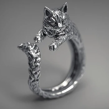Kreativní Retro Pet Kočka Otevření Prsten Módní Roztomilé Zvířecí Stříbrné Barvy Kroužek Pro Muže, Ženy, Punk Hip Hop Party Šperky Dárek