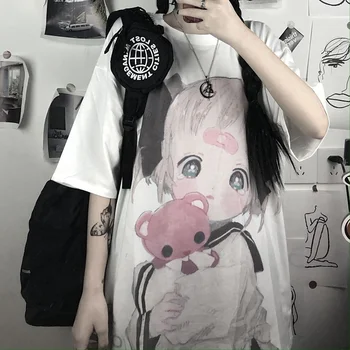 QWEEK Kawaii Anime Dámské tričko Japonský Streetwear Harajuku 2021 Módní korejský Styl Roztomilé tričko s Potiskem Dívky Topy Nové