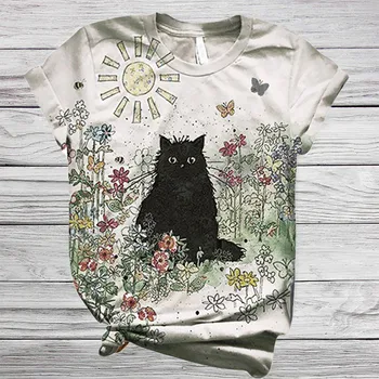 T Shirt Ženy Harajuku Topy Plus Velikosti Ženy Krátký Rukáv 3D Roztomilý Černá Kočka Vytištěné O-Neck Tee T-Shirt Camisetas Mujer футболка