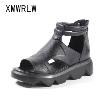 XMWRLW Dámské Letní Sandály Retro Styl Dámské Ručně šité Boty z Pravé Kůže Ženy Sandály Letní Vysoké Podpatky Boty Sandály