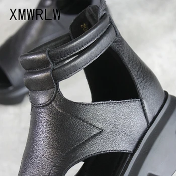 XMWRLW Dámské Letní Sandály Retro Styl Dámské Ručně šité Boty z Pravé Kůže Ženy Sandály Letní Vysoké Podpatky Boty Sandály