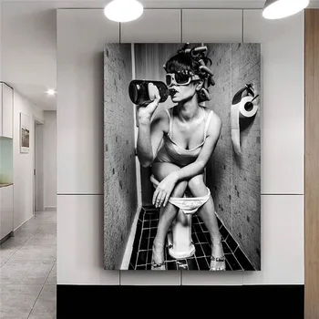 Moderní Toaleta Sexy Žena Malířské Plátno Tisků Bar Funny Girl Pití Koupelna Wall Art Obraz, Plakát Černé A Bílé Dekor