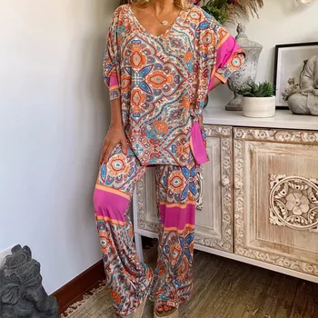 Dámská Etnickém Stylu Tisk Oblek Ležérní dvoudílné Dámské Oblečení 2021 Nové Plus Velikost Volné Ženy Pyžamo Sady Sady