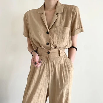 Korejský styl příležitostné letní temperament klopě single-breasted tričko s krátkým rukávem + vysoká-rovný pas široký nohou kalhoty kalhoty