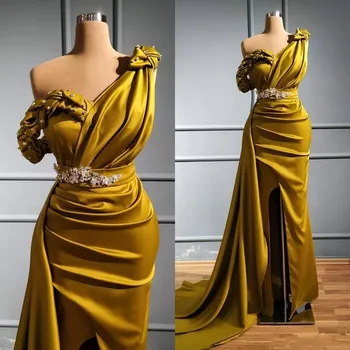 2021 Elegantní Olivově Zelená Mořská panna Večerní Šaty One Rameno Korálkové Flitry Zamést Vlak Večerní Šaty Formální Šaty vestidos