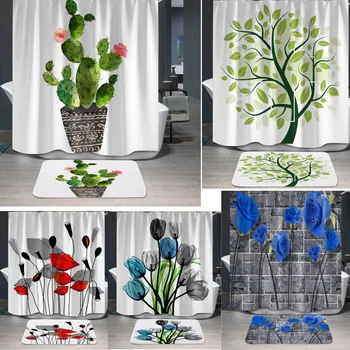 3D Tištěné Kaktus Květ Rostlin Vodotěsné Sprcha A Ne-Skluzu Nohy Mat Nastavit Krásný Domov Koupelna Opona (Bez Děrování)