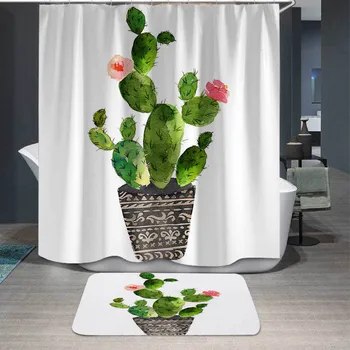 3D Tištěné Kaktus Květ Rostlin Vodotěsné Sprcha A Ne-Skluzu Nohy Mat Nastavit Krásný Domov Koupelna Opona (Bez Děrování)