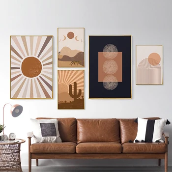 V polovině Století Abstraktní Duha Plakát Slunce a Fáze Měsíce Poušti Tisk Malířské Plátno Boho Umění Zdi Obraz pro Obývací Pokoj Dekor