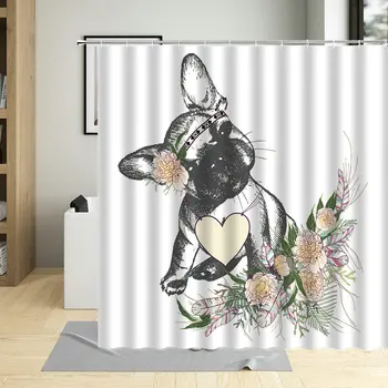 Kreativní Pes Nosil Hip-Hop Klobouk Plakát Sprchový Závěs Francouzský Buldoček Karikatury Pro Obývací Pokoj Vodotěsné Vaně Závěs S Háčkem