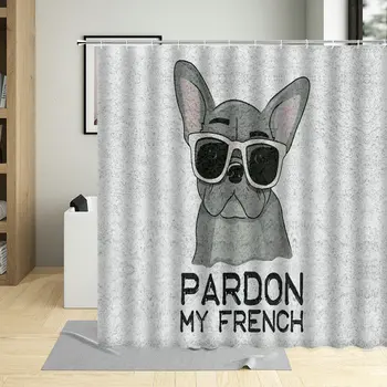 Kreativní Pes Nosil Hip-Hop Klobouk Plakát Sprchový Závěs Francouzský Buldoček Karikatury Pro Obývací Pokoj Vodotěsné Vaně Závěs S Háčkem
