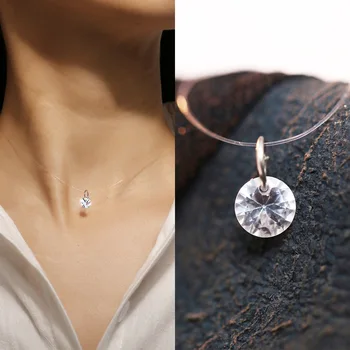 Velkoobchodní Jednoduché Módní Diamond Kouzlo Neviditelný Vlasec Náhrdelník Klíční Kost Řetěz Náhrdelník Pro Ženy Zirkon Crystal Přívěsek