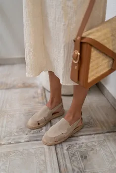 2021 Letní Žena Semišové Plátěné Boty Nejvyšší Kvality Značky Luxusní Design Z Pravé Kůže Skluzu Na Pohodlné Mokasíny Ploché Sandalias