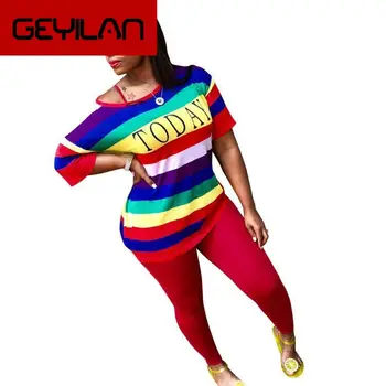 Podzimní Sportovní Ženy sada Rainbow Pruhované Dopis Print T-shirt Hubený Tužku Kalhoty Oblek dvoudílný Set Elegantní Tepláky GL136