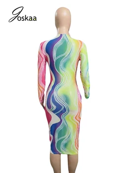 Joskaa Ok Čiré Tištěné Dlouhé Šaty Ženy Módní Sexy Rainbow Letní Šaty Obvaz Slim Boky Strench Šaty 2021 Fitness