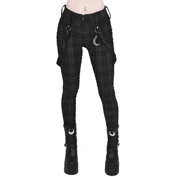 Kostkované Kalhoty Ženy Gothic Punk Kalhoty Vysokým Pasem Módní Těsné Multi Kapsa Na Zip Dlouhé Kalhoty Streetwear Y2k Ženy Tužka Kalhoty