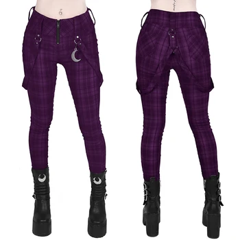 Kostkované Kalhoty Ženy Gothic Punk Kalhoty Vysokým Pasem Módní Těsné Multi Kapsa Na Zip Dlouhé Kalhoty Streetwear Y2k Ženy Tužka Kalhoty